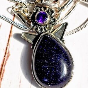 Blue Sandstone & Amethyst Silver Pendant